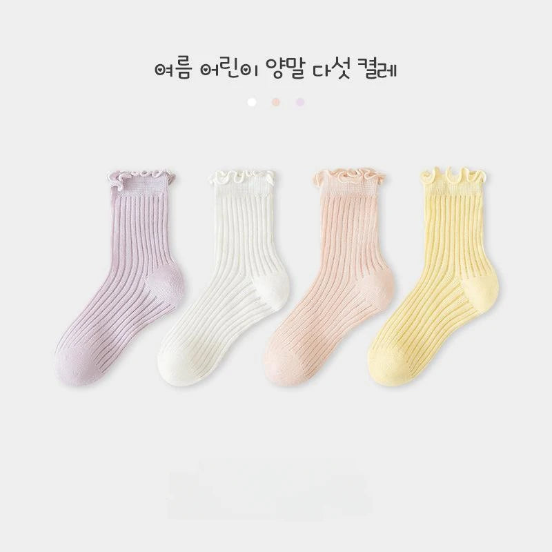 Horetong 4 Pairs/Set Kids Middle Tube Socks Spring Summer Solid Cotton Socks Cute Korean For Baby Girls Clothing Accessories