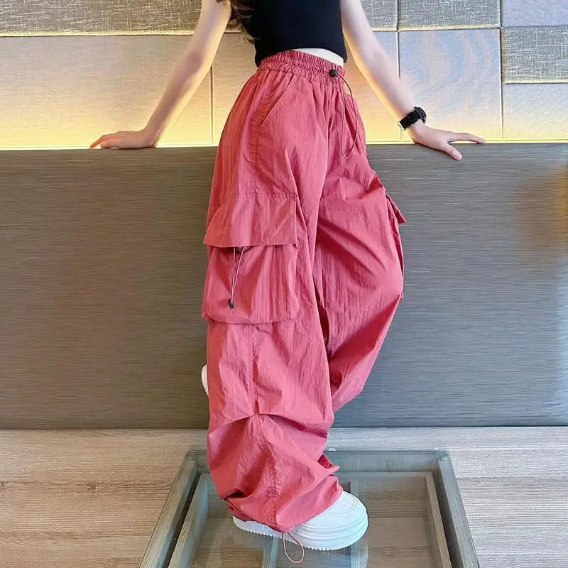 5-14Y Kids Hip Hop Joggers Pants Girls Cargo Pants Teenage Straight Trousers High Waist Vintage Casual Streetwear Baggy Pants