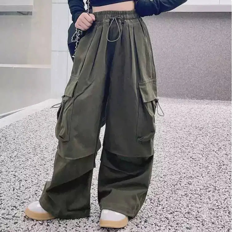 5-14Y Kids Hip Hop Joggers Pants Girls Cargo Pants Teenage Straight Trousers High Waist Vintage Casual Streetwear Baggy Pants