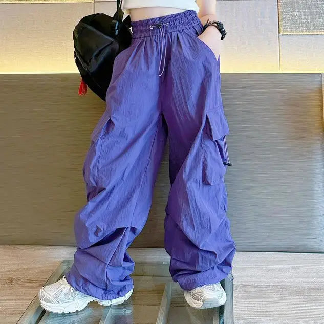 5-14Y Kids Hip Hop Joggers Pants Girls Cargo Pants Teenage Straight Trousers High Waist Vintage Casual Streetwear Baggy Pants