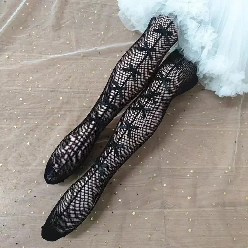 Fishing Net Stockings for Baby Girls Cute Large Bow Lolita Pantyhose Fad Sexy Black Hollow Mesh Nylon Tights Children's Leggings