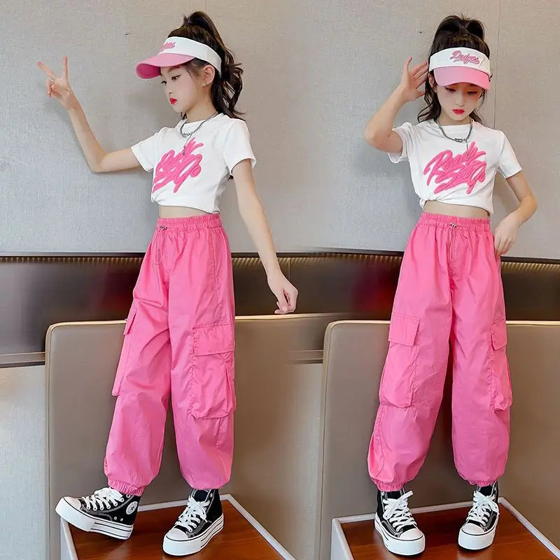 5-14Y Kids Hip Hop Joggers Pants Girls Cargo Pants Teenage Straight Trousers High Waist Vintage Casual Streetwear Baggy Pants