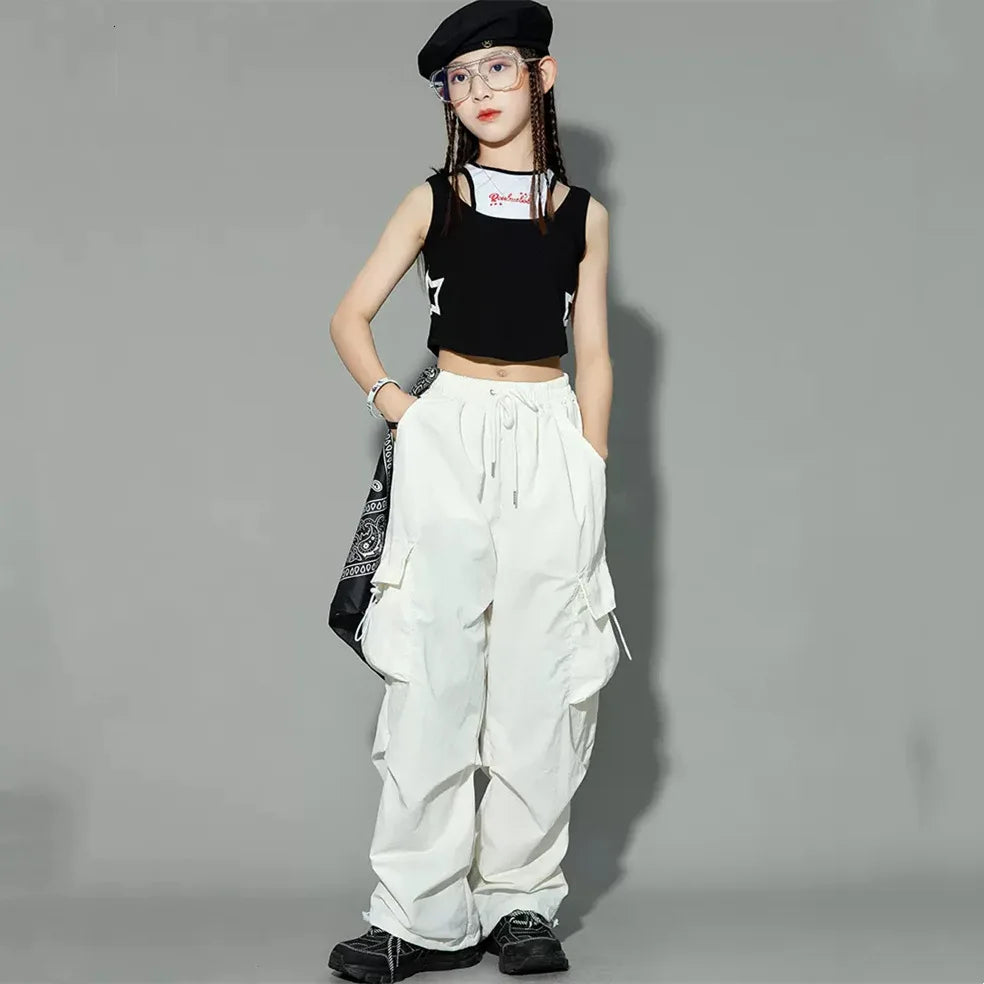 5-14Y Kids Hip Hop Joggers Pants Girls Cargo Pants Teenage Straight Trousers High Waist Vintage Casual Streetwear Baggy Pants