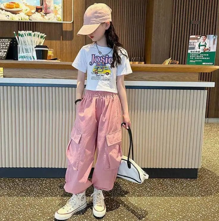 5-14Y Kids Hip Hop Joggers Pants Girls Cargo Pants Teenage Straight Trousers High Waist Vintage Casual Streetwear Baggy Pants