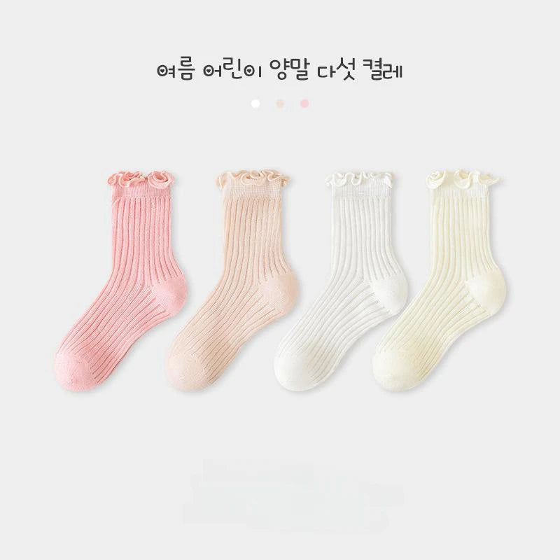 Horetong 4 Pairs/Set Kids Middle Tube Socks Spring Summer Solid Cotton Socks Cute Korean For Baby Girls Clothing Accessories