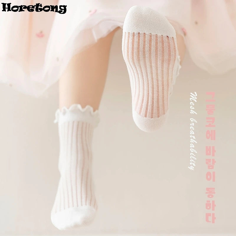 Horetong 4 Pairs/Set Kids Middle Tube Socks Spring Summer Solid Cotton Socks Cute Korean For Baby Girls Clothing Accessories
