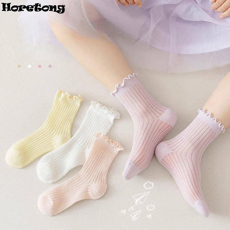 Horetong 4 Pairs/Set Kids Middle Tube Socks Spring Summer Solid Cotton Socks Cute Korean For Baby Girls Clothing Accessories