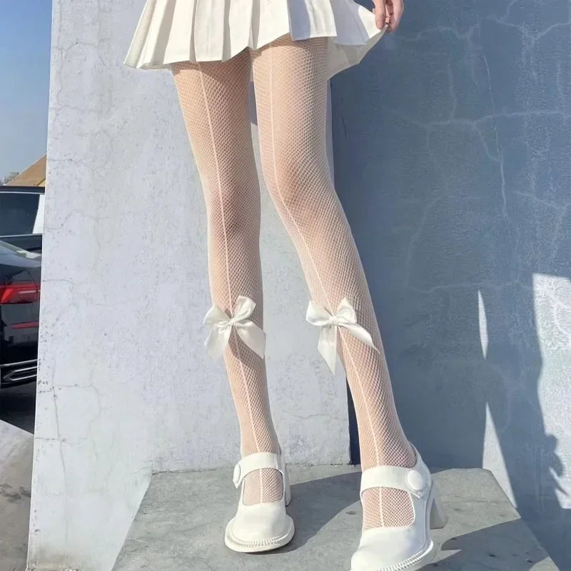 Fishing Net Stockings for Baby Girls Cute Large Bow Lolita Pantyhose Fad Sexy Black Hollow Mesh Nylon Tights Children's Leggings