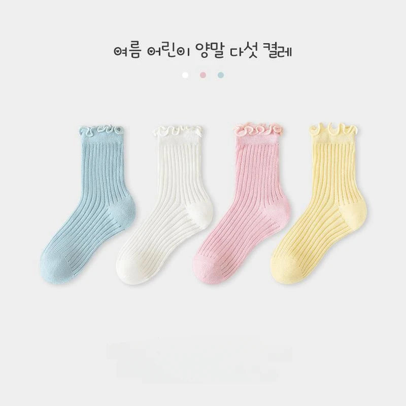 Horetong 4 Pairs/Set Kids Middle Tube Socks Spring Summer Solid Cotton Socks Cute Korean For Baby Girls Clothing Accessories
