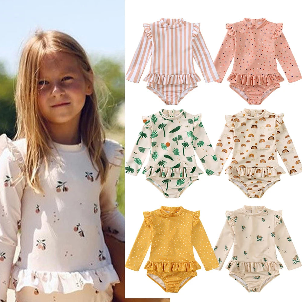 UV Baby Girl Swimsuit One Piece Swimming Jumpsuit Ruffles Bathing Suit SPF 50 Long Sleeve Kids Swimwear for Girls 1-7 Years
