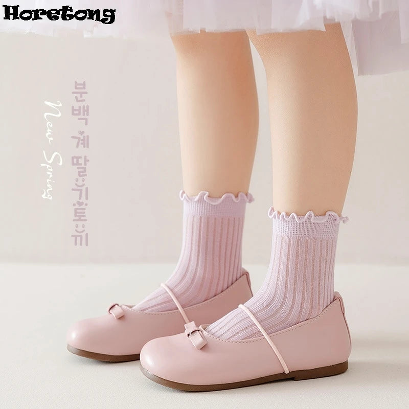 Horetong 4 Pairs/Set Kids Middle Tube Socks Spring Summer Solid Cotton Socks Cute Korean For Baby Girls Clothing Accessories