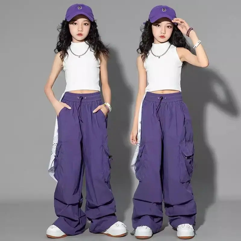 5-14Y Kids Hip Hop Joggers Pants Girls Cargo Pants Teenage Straight Trousers High Waist Vintage Casual Streetwear Baggy Pants