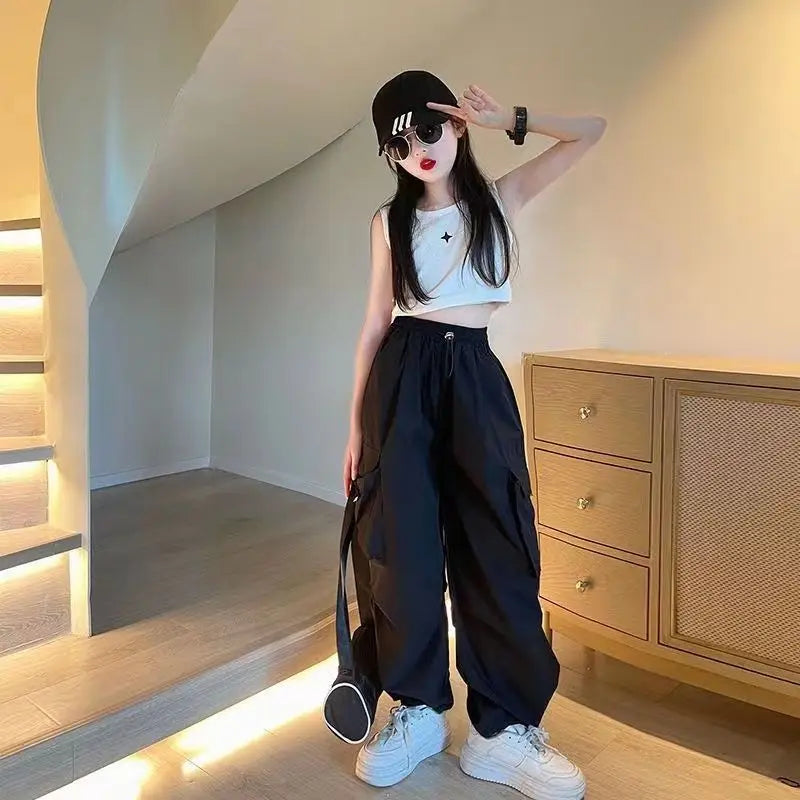 5-14Y Kids Hip Hop Joggers Pants Girls Cargo Pants Teenage Straight Trousers High Waist Vintage Casual Streetwear Baggy Pants